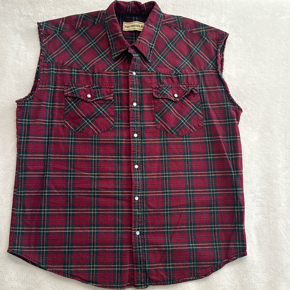 Vintage Mens Bit & Bridle Plaid Pearl Snap Sleeveless Western XL 90s‎ Top Cowboy